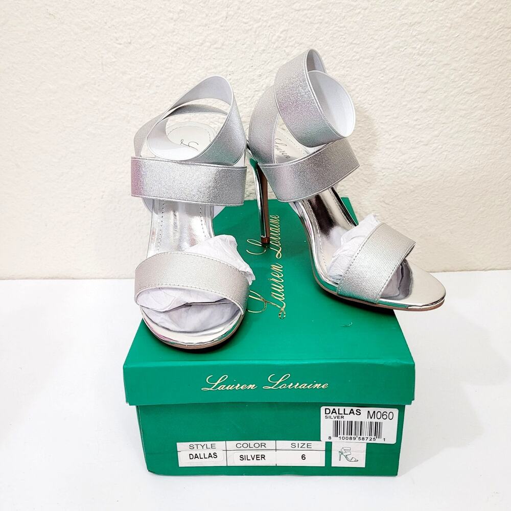 Lauren Lorraine Sz 6 Dallas Silver Stilleto Heels Sandals Prom Wedding Shoes NIB